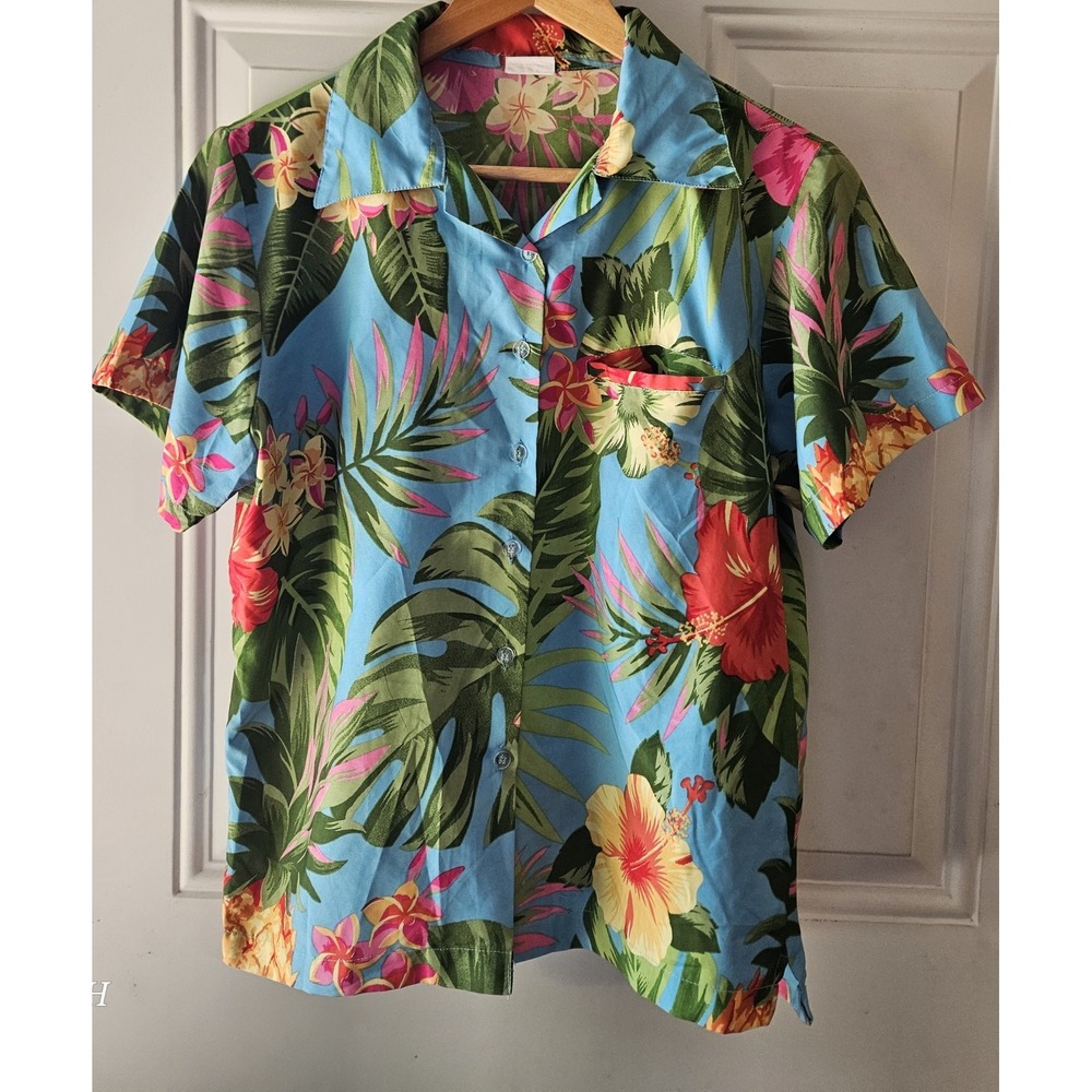 King Kamehameha Hawaiian Shirt Women's S Blue Tropical Floral Aloha Button Front